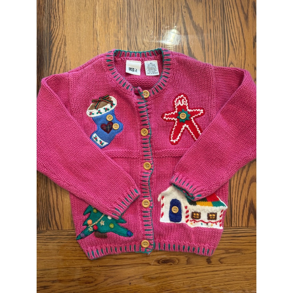 UR It Cardigan Kids 4T Pink Christmas Holiday Tree Gingerbread Applique Sweater